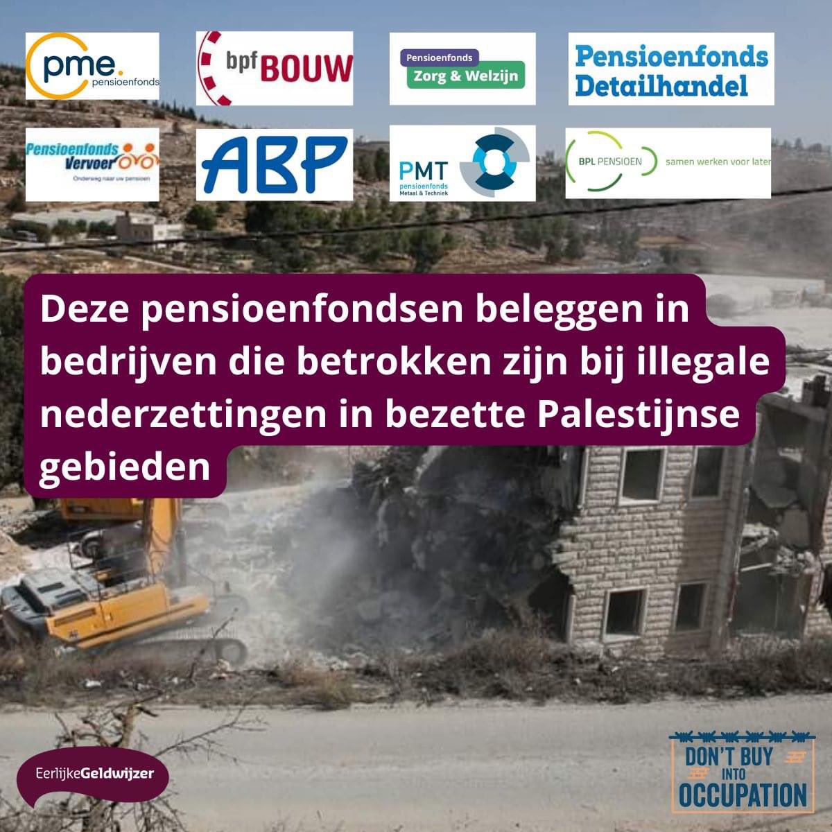 Acht Nld pensioenfondsen beleggen in bedrijven die betrokken zijn bij illegale nederzettingen in de bezette Palestijnse gebieden. Dit blijkt uit het laatste #DBIO rapport van o.a. <a href="/PAXvoorvrede/">PAX voor vrede</a>. Roep de fondsen op om niet te investeren in deze bedrijven.👉 eerlijkegeldwijzer.nl/campagnes/bank…