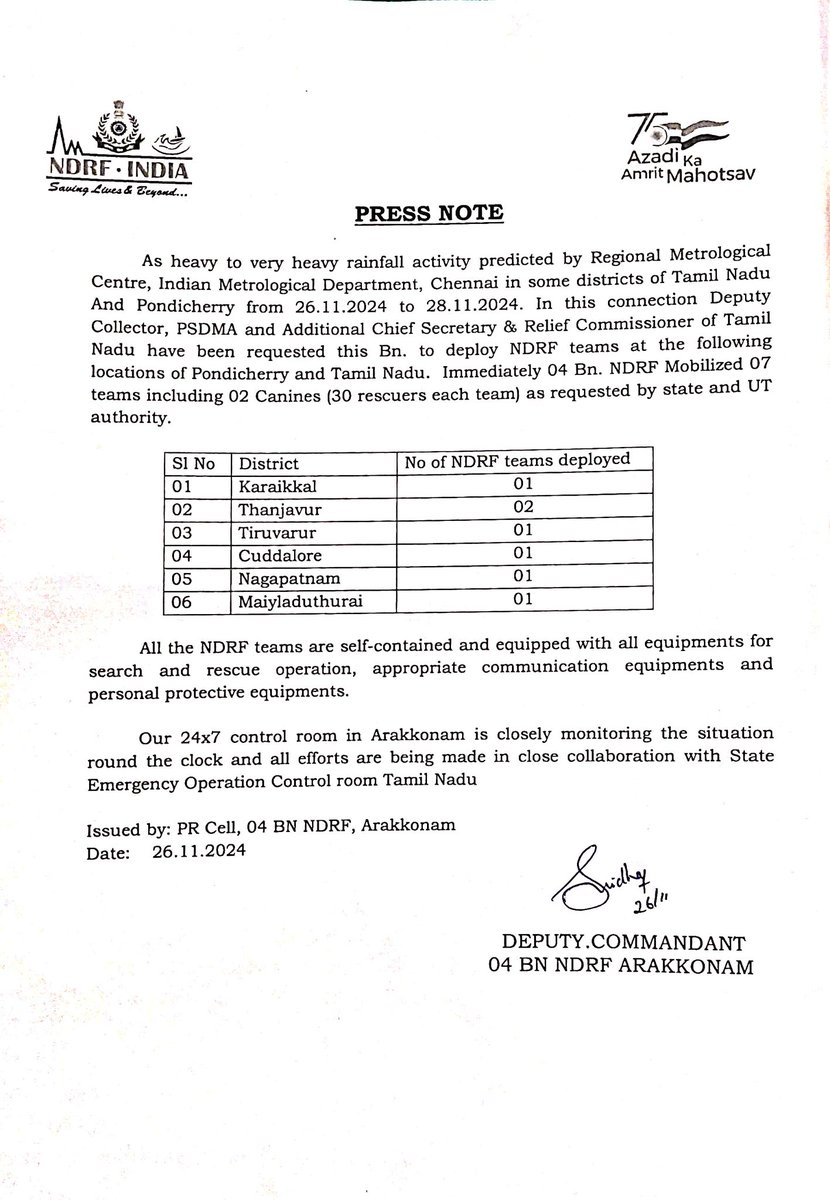 04NDRF's tweet photo. #NDRF04 BN ARAKONAM🇮🇳
#PRESSNOTE
#TNRains #NortheastMonsoon -2024
#NDRF TEAM Deployment , #Tamilnadu and #Karaikal (PY)
@NDRFHQ
@PIBHomeAffairs
@tnsdma
@CMOTamilnadu
@TNDIPRNEWS
@ANI
@PTI_News https://t.co/nKQgyDQB8G