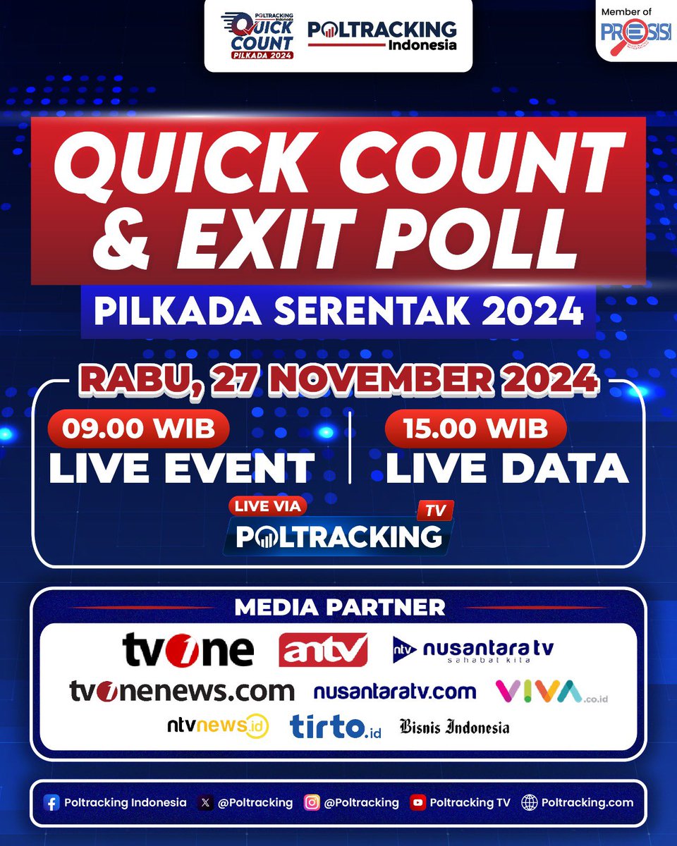 SAKSIKAN QUICK COUNT PILKADA SERENTAK 2024

LIVE EVENT: 09.00 WIB
LIVE DATA: 15.00 WIB

POLTRACKING INDONESIA 
akurat. kredibel. kompeten.

#poltracking #politik #demokrasi #pilkada2024 #quickcount