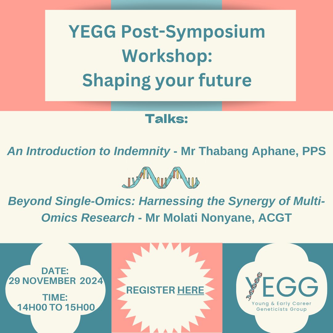 SAHumanGenetics's tweet image. YEGG-ers!
Join us on 29 Nov 2024, 14:00-15:00 for a post-symposium workshop 🧬💼
Topics:
🔹 Indemnity cover for professionals
🔹 Multi-omics in research

Details in the poster—don’t miss out! 
Register: events.teams.microsoft.com/event/d3a91c08…

#YEGG #SASHG #MultiOmics #FutureOfResearch