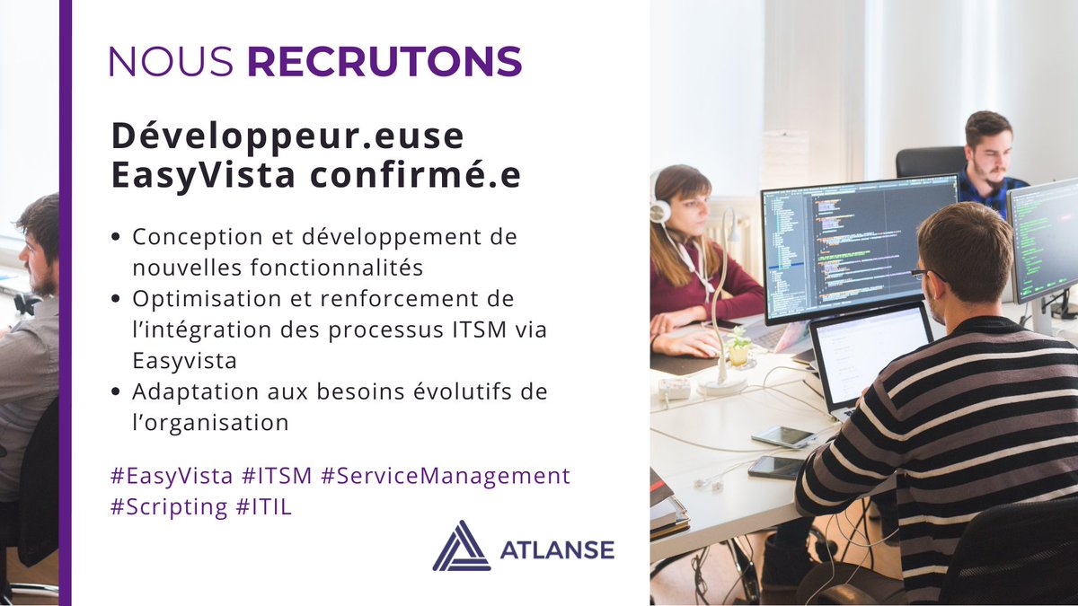 #Job : Vous avez envie de relever de nouveaux défis techniques et de contribuer à l'évolution des processus #ITSM ? Cette opportunité est faite pour vous !
Nous recherchons un.e développeur.euse #EasyVista confirmé.e.
Postulez en envoyant votre CV à ida.zocli@atlanse.com