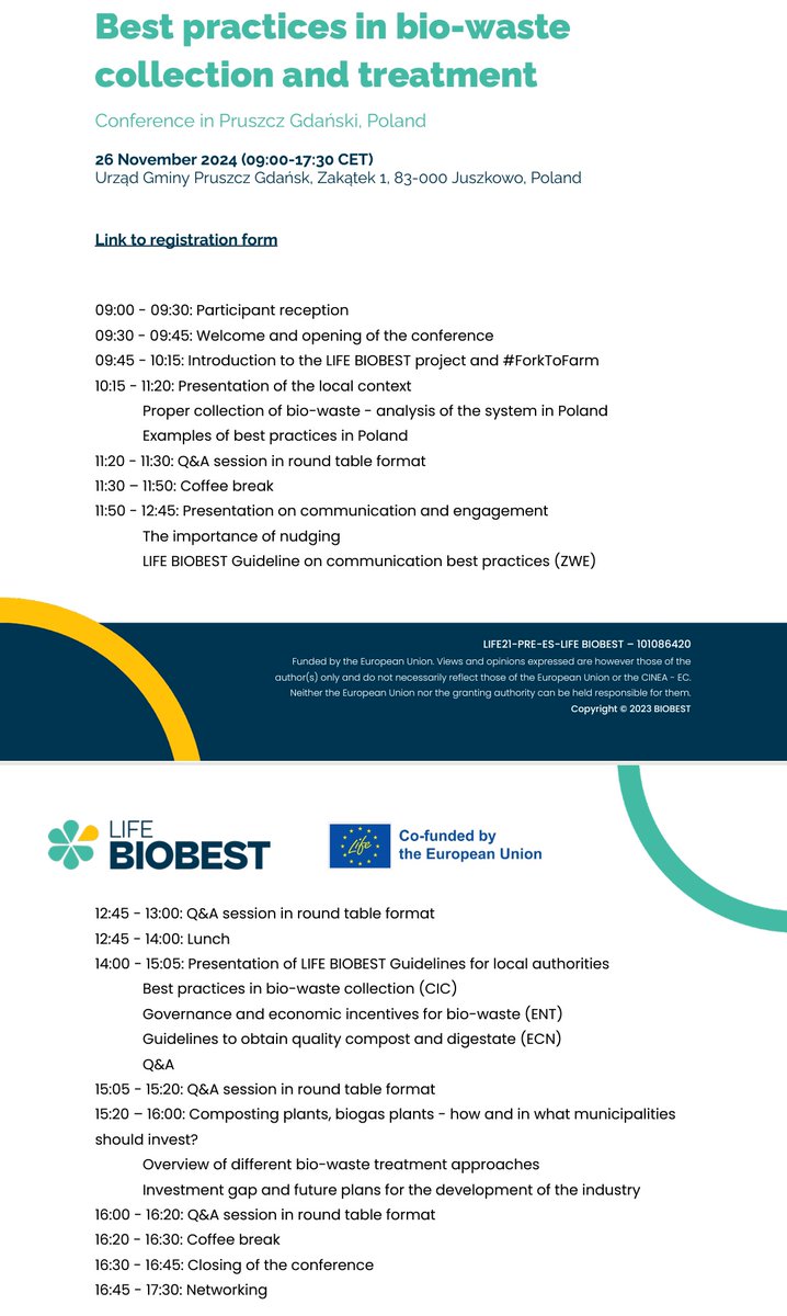 gNohales's tweet image. #LIFEBIOBEST conference 🇪🇺 Towards a zero waste future – best practices in bio-waste collection and treatment | Pruszcz Gdański, Poland
♻️Bio-waste management situation
✅Local best practices
🆕LIFE BIOBEST guidelines &amp;amp; results
🌐Networking and capacity building
@ENTmediambient