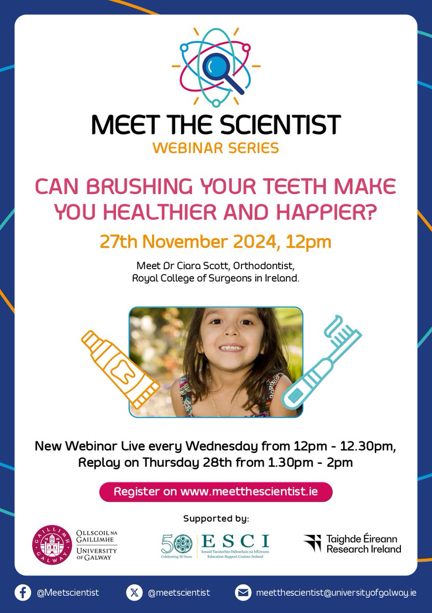 MeetScientist's tweet image. Next up in our Meet the Scientist series—Ciara Scott, orthodontist and PhD student at the RCSI Centre for Positive Health Sciences. She will answer the question: Can brushing your teeth make you healthier and happier? Looking forward to it!!!
#STEMforKids #beleiveinscience