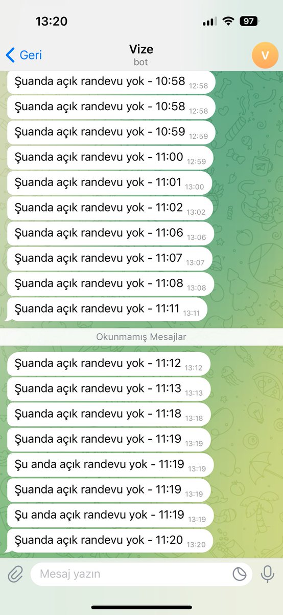 Sürekli vize randevusu takip etmek yerine mini bi telegram bot ile takip işini çözdüm. Bu sayede benim yerime kontrol edip bildirip gönderiyor.
