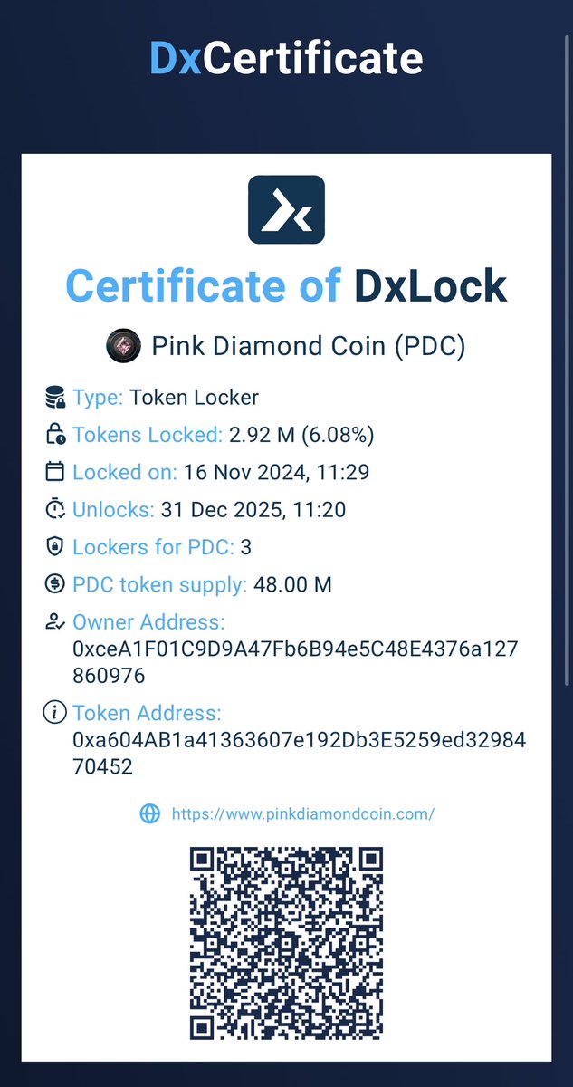🔐💎Token Name and Symbol:
Pink Diamond Coin / PDC 🔐💎

Amount Locked:
2.92 M PDC

Total Supply:
48.00 M PDC

🔐💎 Link to the locker:
dx.app/dxlock/view/to…