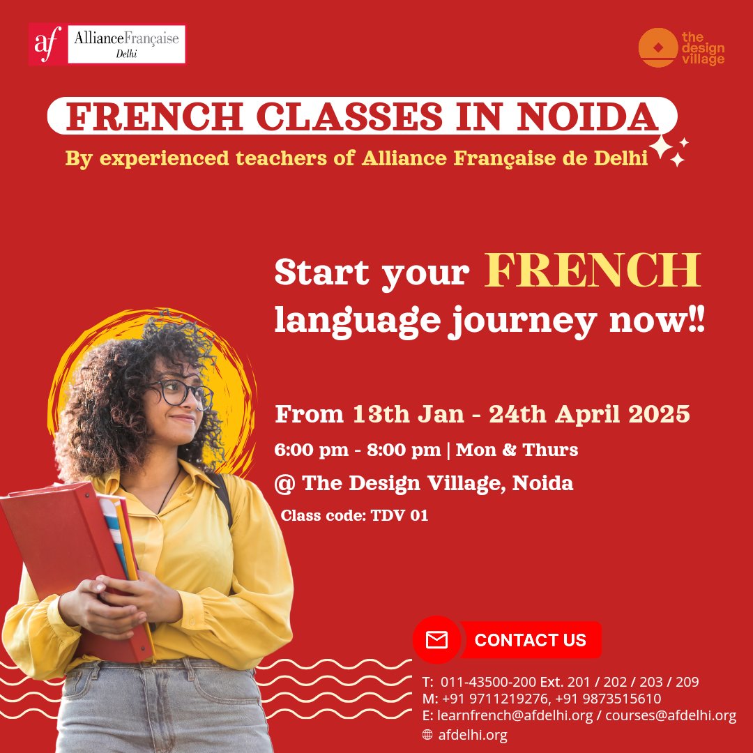 🇫🇷 Learn French with the experts at Alliance Française de Delhi – now in Noida!

📅 New batch starts 13th January 2024

📍 Venue: The Design Village, Noida ( C-29 &amp; 75, C Block, Sector 8, Noida)

👉Now learn French without the hassle of long commutes 

🌐 afdelhi.org
