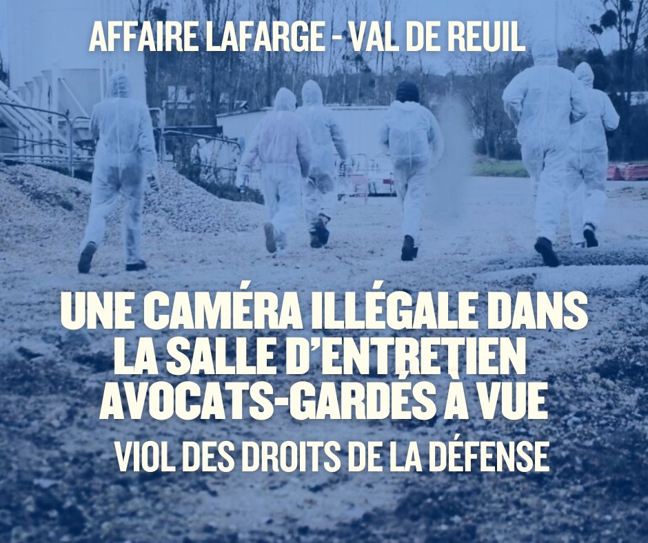Une caméra illégale filmait les discussions entre avocat·es &amp; prévenu·es dans un commissariat

Le procès contre les personnes poursuivies pour l'action contre la cimenterie Lafarge Val-de-Reuil doit se tenir les 19-20/12, un nouveau scandale entache l'enquête de la SDAT.🧶⤵️

1/9