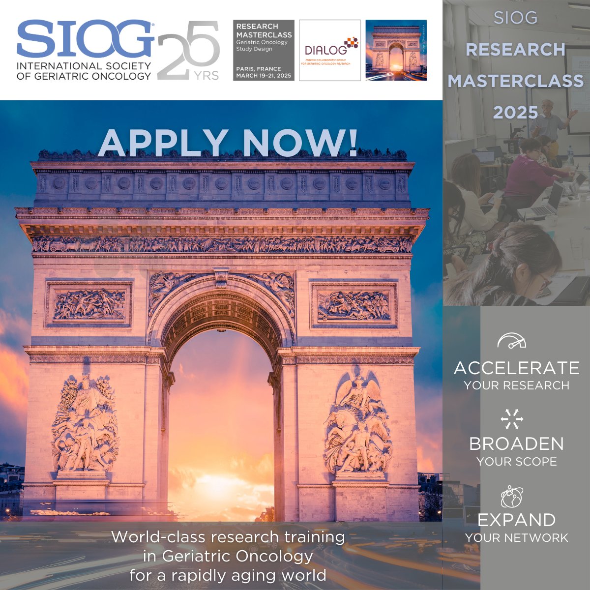 SIOG Research Masterclass 2025 – Paris! March 19 to 21, 2025 cutting-edge programme on study design for healthcare professionals passionate about #GeriatricOncology. Enhance your ability to contribute to impactful studies for older #cancer patients. Apply: loom.ly/_c82aAw