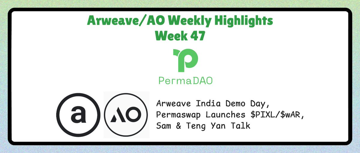 kylewmi's tweet photo. ⚫️ Arweave/AO Weekly Highlights Week 47  

❑ @arweaveindia successfully hosted the Demo Day.

❑ @Permaswap launched the $PIXL / $wAR trading pair.

❑ @samecwilliams engaged in a conversation with @0xPrismatic to explore the future of Crypto, AI, and AO.

❑ Over 100,000 $wUSDC tokens were minted on the @aox_xyz, in collaboration with @Liquid_Ops.

❑ @aoTheVentures hosted Workshop #1.

❑ @AstroUSD #Quantum completed its upgrade and reactivated the withdrawal feature.

❑ @ar_io_network Node Version 20 was released with an upgrade, along with the relaunch of the Ambassador Program.

❑ @ao_builders Cyber Beavers unlocked HORDE mode, enabling multiplayer cooperative battles.

❑ @perma_dao invited @afmedia_ to discuss BazAR and the future of NFTs.

❑ @Permaswap partnered with @aoveststream to streamline and support token launches for AO projects.

❑ @Permaswap achieved permissionless functionality, progressing toward full decentralization.

❑ @basejumpxyz Alpha Hub officially launched.

❑ @ewigkeit_x integrated @ar_io_network to accelerate Arweave application deployment.

❑ @arweaveny community officially established.

❑ @ArweaveOasis held a discussion with @apus_network Co-Founder @jiesonwu.

❑ AOction House @dumdumznfts auction event concluded successfully.

❑ @KYVENetwork mainnet now supports @AndromedaProt chain data.

❑ @sentio_AR introduced an audit vulnerability detection feature to enhance code security.

❑ @EventPassAR, a decentralized event management platform, is set to launch soon.

❑ @decentramindio achieved multiple minor milestones, marking steady progress.

❑ @apus_network announced a partnership with @fhubnetwork.

❑ @arweaveph hosted an online seminar on November 22th.

❑ @aogamesorg posted that $BENCAT will be the first Cultcoin launched on @ObtimusAI.

❑ @redstone_defi integrated with @hemi_xyz to enhance data services for DeFi protocols.