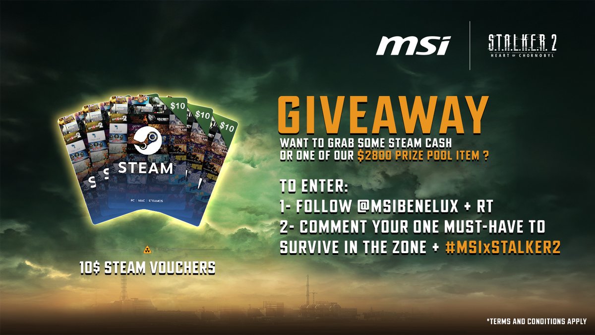 Wil jij wat STEAM cash 💸 of een van onze $2800 prize pool items?

Hoe doe je mee?
1- Volg <a href="/MSIBenelux/">MSI Benelux</a> + RT
2- Comment wat jouw MUST-HAVE is om te overleven in The Zone + #MSIxSTALKER2

Hier verkrijgbaar 👉️ msi.gm/S85CB861