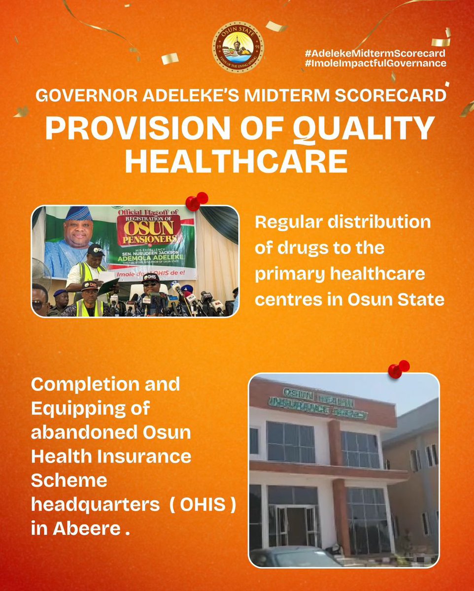 MichaelOyewole_'s tweet photo. GOVERNOR ADELEKE’S MIDTERM SCORECARD 

PROVISION OF QUALITY HEALTHCARE 

- Regular distribution of drugs to the primary healthcare centres in Osun State.

- Completion and Equipping of abandoned OHIS headquarters in Abeere 

#AdelekeMidtermScorecard
#ImoleImpactfulGovernance https://t.co/IGq0p4j5bt