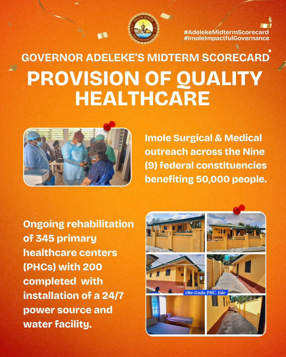 MichaelOyewole_'s tweet photo. GOVERNOR ADELEKE’S MIDTERM SCORECARD 

PROVISION OF QUALITY HEALTHCARE 

- Regular distribution of drugs to the primary healthcare centres in Osun State.

- Completion and Equipping of abandoned OHIS headquarters in Abeere 

#AdelekeMidtermScorecard
#ImoleImpactfulGovernance https://t.co/IGq0p4j5bt