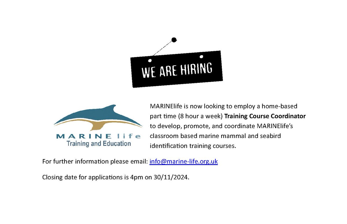 MARINElife (@marinelife_uk) on Twitter photo Job Opportunity. Home-based part time -Training Course Coordinator to develop our classroom based marine mammal and seabird identification training courses. 1 yr fixed term/8hrs wk/flexible days. email info@marine-life.org.uk for job description & how to apply #jobopportunities Job Opportunity. Home-based part time -Training Course Coordinator to develop our classroom based marine mammal and seabird identification training courses. 1 yr fixed term/8hrs wk/flexible days. email info@marine-life.org.uk for job description & how to apply #jobopportunities