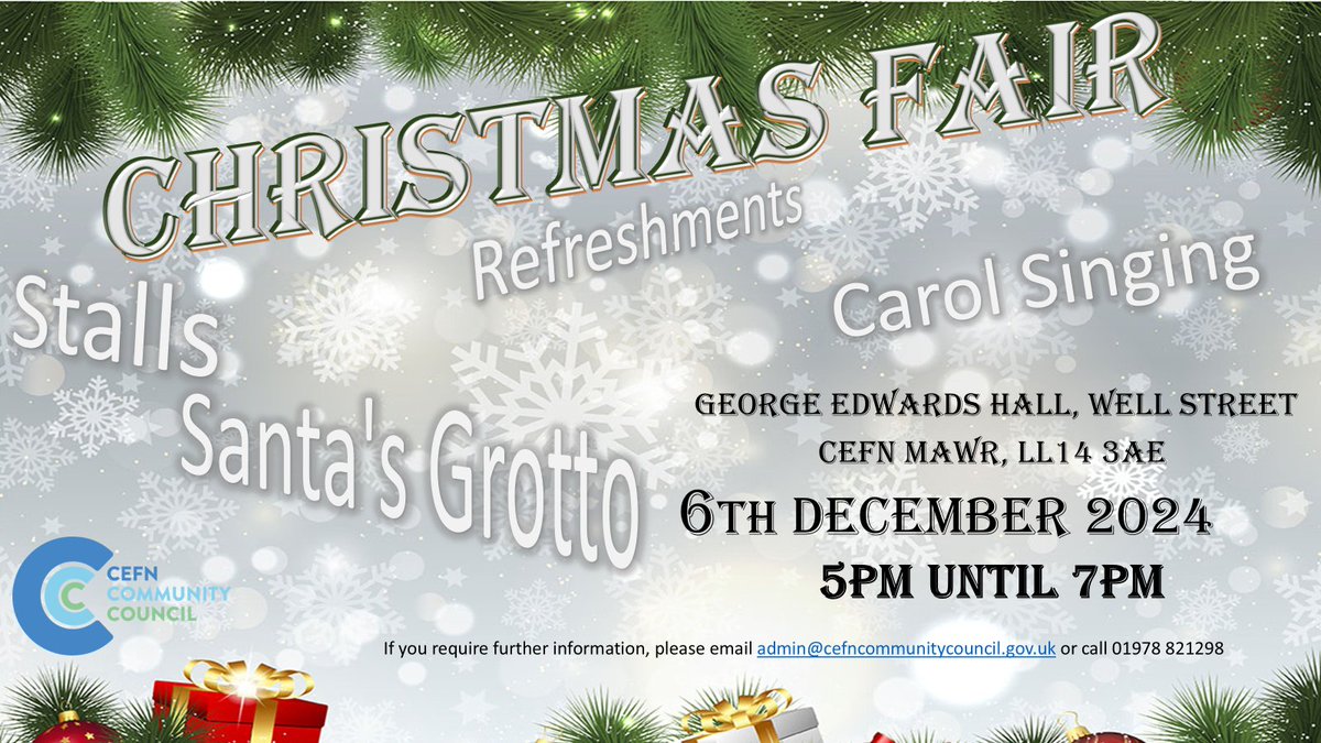 CefnCCouncil's tweet photo. Join us at the Cefn Community Council Christmas Fair!

📅 6th December 2024
⏰ 5 PM – 7 PM
📍 George Edwards Hall

Enjoy carol singing, browse festive stalls, and bring the kids to meet Santa in his grotto!

Info: 01978 821298 https://t.co/amLznLFyUK