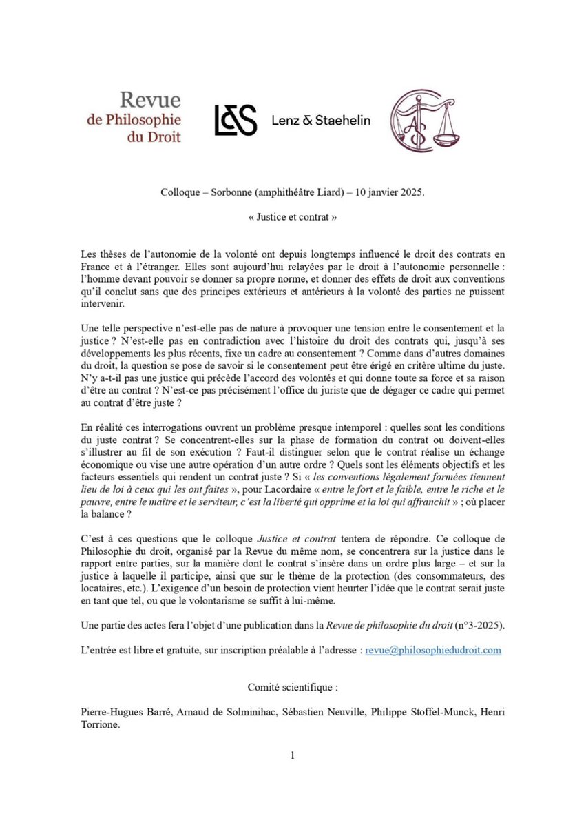 COLLOQUE Justice &amp; Contrat 📅 Amphitératre Liard, 10 janvier 2025, La Sorbonne
Très heureuse de participer à ce formidable colloque qui réunit deux concepts chers à mon cœur : la justice et le contrat sur le thème du « raisonnable : standard au service du juste ? ».