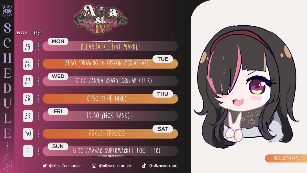AlizaConstante4's tweet photo. Sore minna~ Ini skejul kita untuk minggu ini ya. Let's go!
HASHTAG
General : #AlizaConstanteIV
Live : #ConstanteLIVE
Art : #ConstARTe
Meme : #FUNstante
Clip : #CLIPstante
Fanname : #CONSTANTEAN https://t.co/4AMSd97nAf