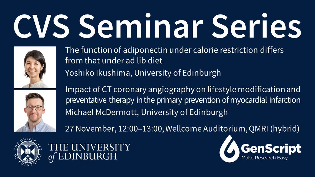 EdinUniCVS (@edinunicvs) on Twitter photo Join us for this week’s CVS Seminar with Yoshiko Ikushima and <a href="/mike_mcdermott1/">Michael McDermott</a> tomorrow!
🗓️ 27 November, 12:00–13:00
Wellcome Auditorium, QMRI <a href="/EdinburghBQ/">Edinburgh BioQuarter</a>
Join on Teams ➡️ edin.ac/3OhBRnl Join us for this week’s CVS Seminar with Yoshiko Ikushima and <a href="/mike_mcdermott1/">Michael McDermott</a> tomorrow!
🗓️ 27 November, 12:00–13:00
Wellcome Auditorium, QMRI <a href="/EdinburghBQ/">Edinburgh BioQuarter</a>
Join on Teams ➡️ edin.ac/3OhBRnl