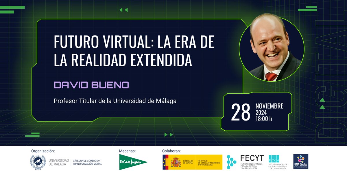 Cátedra de Comercio y Transformación Digital UMA (@catedracomercio) on Twitter photo 🚨 ¡Atrévete a explorar el futuro! Este 28 de noviembre a las 18:00 h, descubre cómo la #RealidadExtendida (#XR) está transformando el mundo 🌍.
📢#FuturoVirtual: La era de la realidad extendida
👨🏫 <a href="/davidbuenov/">David Bueno Vallejo</a>
⚠️Plazas limitadas. ¡Inscríbete ahora!👉 catedracomercio.uma.es/eventbrite-eve… 🚨 ¡Atrévete a explorar el futuro! Este 28 de noviembre a las 18:00 h, descubre cómo la #RealidadExtendida (#XR) está transformando el mundo 🌍.
📢#FuturoVirtual: La era de la realidad extendida
👨🏫 <a href="/davidbuenov/">David Bueno Vallejo</a>
⚠️Plazas limitadas. ¡Inscríbete ahora!👉 catedracomercio.uma.es/eventbrite-eve…