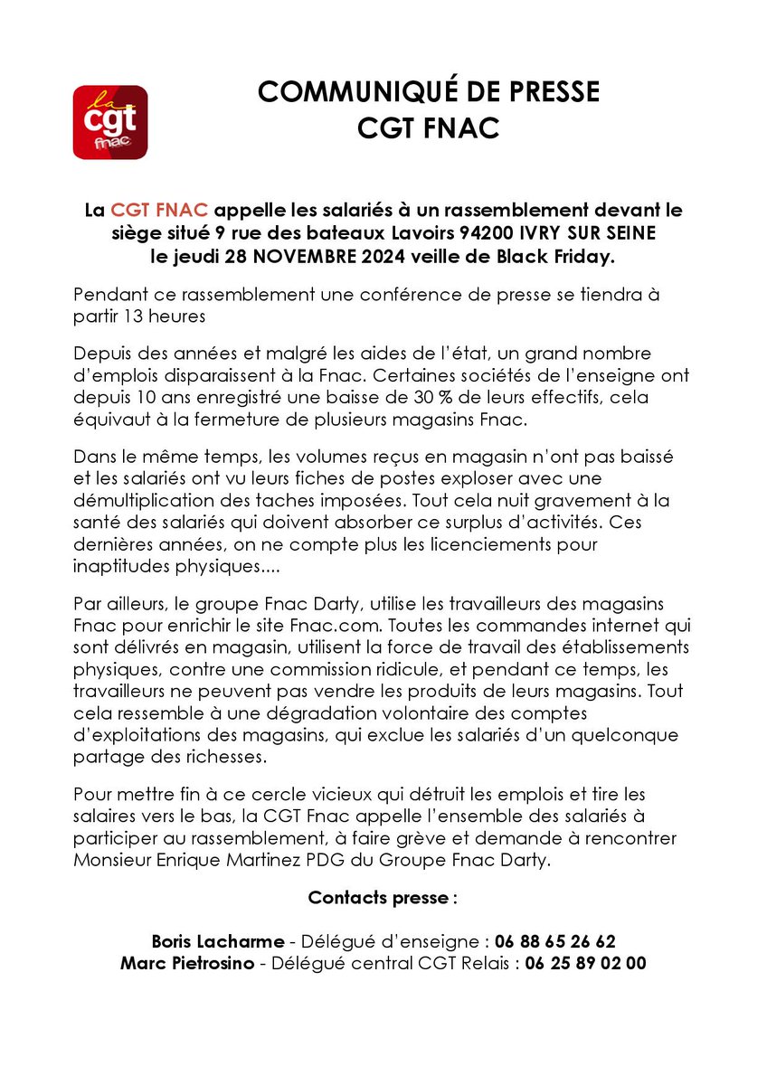 𝗖𝗼𝗺𝗺𝘂𝗻𝗶𝗾𝘂𝗲́ 𝗱𝗲 𝗽𝗿𝗲𝘀𝘀𝗲
cgtfnac.com/.../11/communi…
#cgt #cgtfnac #cgtfnaccodirep #cgtfnacrelais #cgtfnacparis #debrayage #greve #blackfriday2024