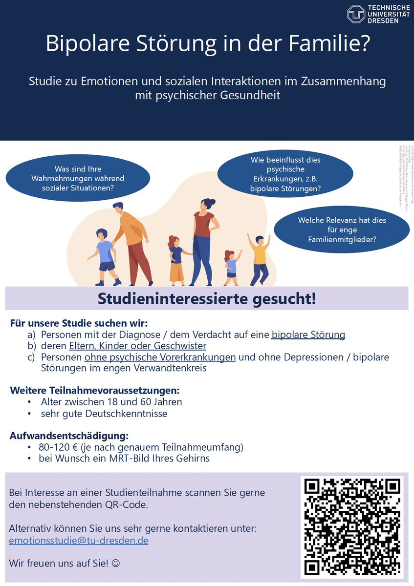 Katharina Förster (@katfoerster) on Twitter photo Wir suchen weiterhin Proband:innen für unsere Studie zu Bipolarer Störung (Angehörige und Patient:innen)!
Bei Interesse an einer Teilnahme: redcap.zih.tu-dresden.de/redcap/surveys… email: emotionsstudie@tu-dresden.de
Gerne teilen!
<a href="/KanskeLab/">Clinical Social Neuroscience Lab</a> <a href="/tudresden_de/">TU Dresden</a> @TUD_Science <a href="/bioDGPs_DGPA/">Psychology & Brain</a> <a href="/DGPs_JuMis/">DGPs JuMis // ECRs</a> Wir suchen weiterhin Proband:innen für unsere Studie zu Bipolarer Störung (Angehörige und Patient:innen)!
Bei Interesse an einer Teilnahme: redcap.zih.tu-dresden.de/redcap/surveys… email: emotionsstudie@tu-dresden.de
Gerne teilen!
<a href="/KanskeLab/">Clinical Social Neuroscience Lab</a> <a href="/tudresden_de/">TU Dresden</a> @TUD_Science <a href="/bioDGPs_DGPA/">Psychology & Brain</a> <a href="/DGPs_JuMis/">DGPs JuMis // ECRs</a>
