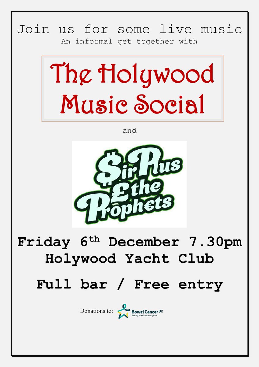 Holywood Music Social - gypsy jazz / folk music with a flavour of Greece, Bulgaria, Romania.......
Sir Plus &amp; the Prophets - bluesy / pop songs from Co Down!
No wannabe rock stars involved - informal drinks &amp; some fun sounds.
Friday 6th December, Holywood Yacht Club.