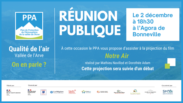 #qualitedelair #PPA
#réunionpublique lundi 2 décembre à Bonneville pour débattre de la qualité de l'air en vallée de l'Arve
<a href="/Prefet74/">Préfète de la Haute-Savoie</a> <a href="/auvergnerhalpes/">Auvergne-Rhône-Alpes</a> <a href="/Dep_74/">Département de la Haute-Savoie</a> <a href="/SM3A74/">SM3A</a>