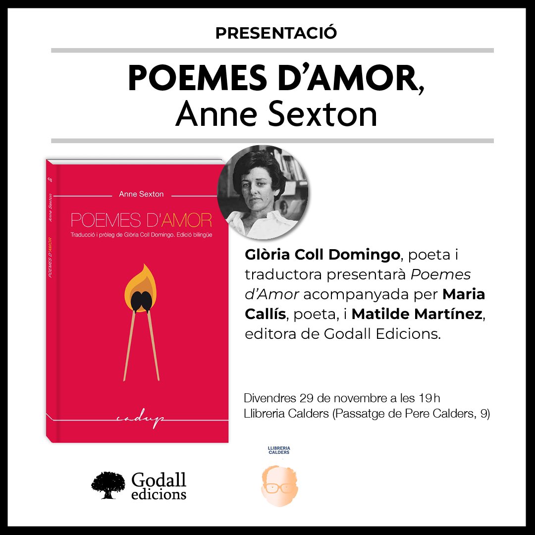 Agenda de la setmana:
🗓️Divendres 29 de novembre, 19h
📍 A <a href="/LaCalders/">Llibreria Calders</a> 

Presentació de «Poemes d'amor», Anne Sexton. Per primera vegada traduïts al català, amb <a href="/GCollDomingo/">Glòria Coll Domingo</a> / <a href="/CabreraCallis/">Maria Callís</a> i Matilde Martínez.