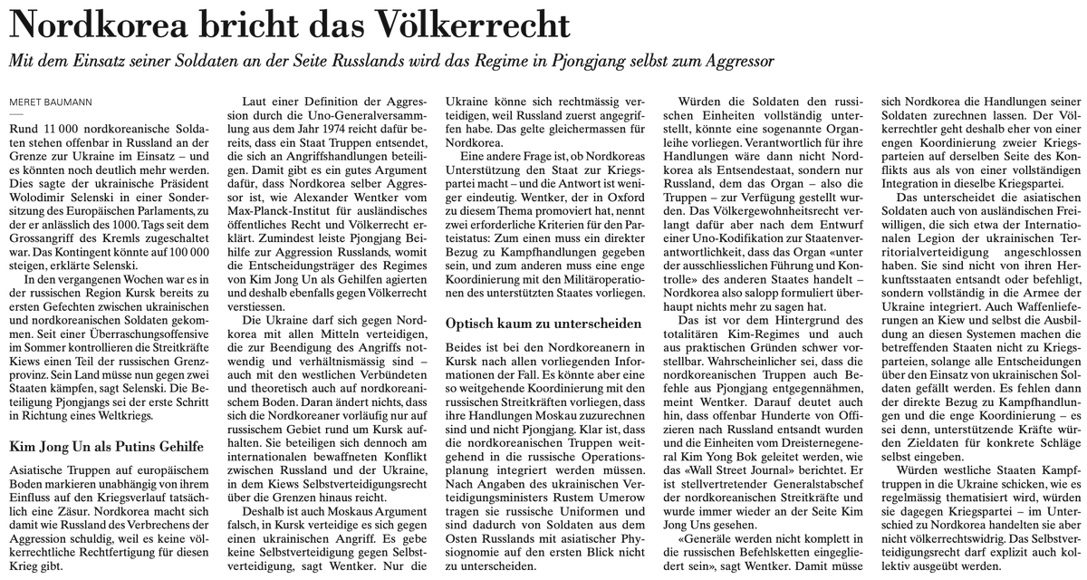 📰Nordkorea kämpft in der Ukraine – was das völkerrechtlich bedeutet hat <a href="/MeretBaumann/">Meret Baumann</a> gestern in der <a href="/NZZ/">NZZ</a> erklärt, mit ein paar Einschätzungen von mir.
nzz.ch/international/…