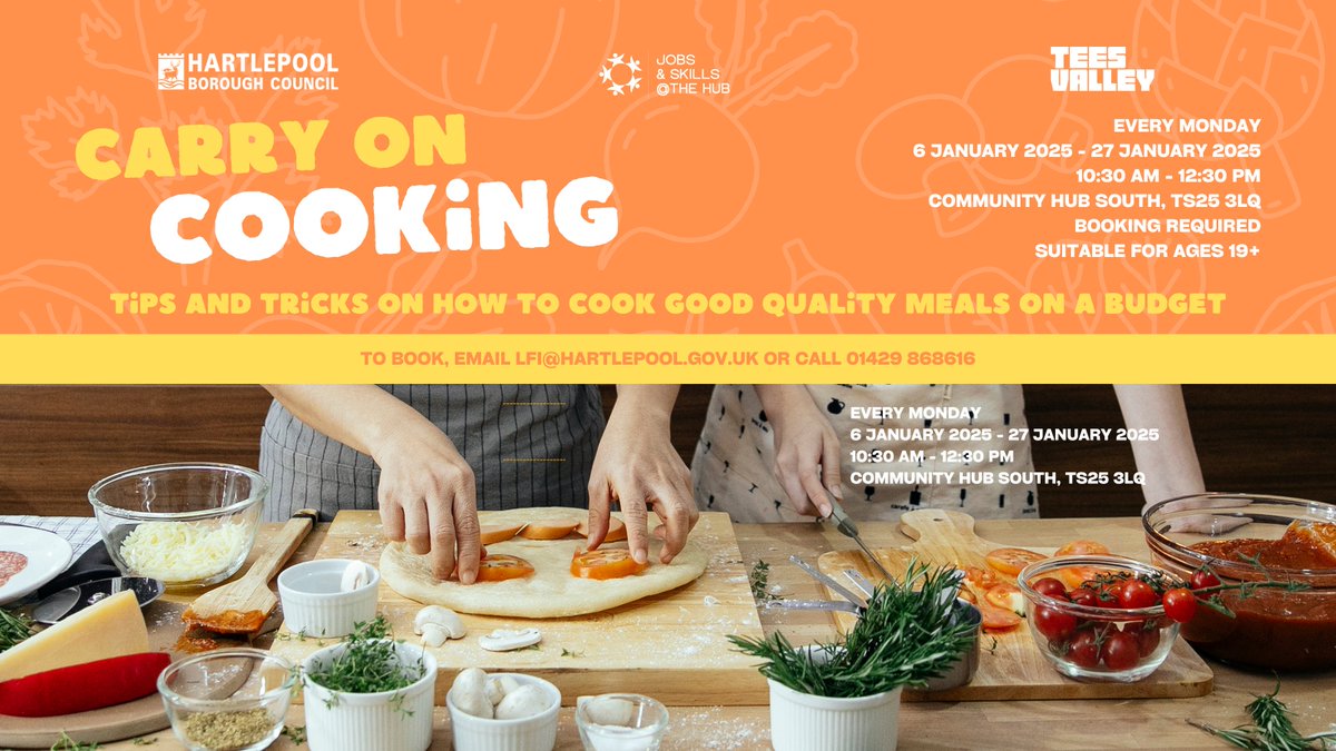 HartlepoolJS's tweet image. Carry On Cooking is back‼️

🗓️Every Monday, 6 January 2025 until 27 January 2025
⏰10:30 AM - 12:30 PM
📍Community Hub South, Wynyard Road, Hartlepool, TS25 3LQ
👉Booking required: Email LFI@hartlepool.gov.uk or call 01429 868616
🧑‍🍳Suitable for ages 19+

#CookingOnABudget