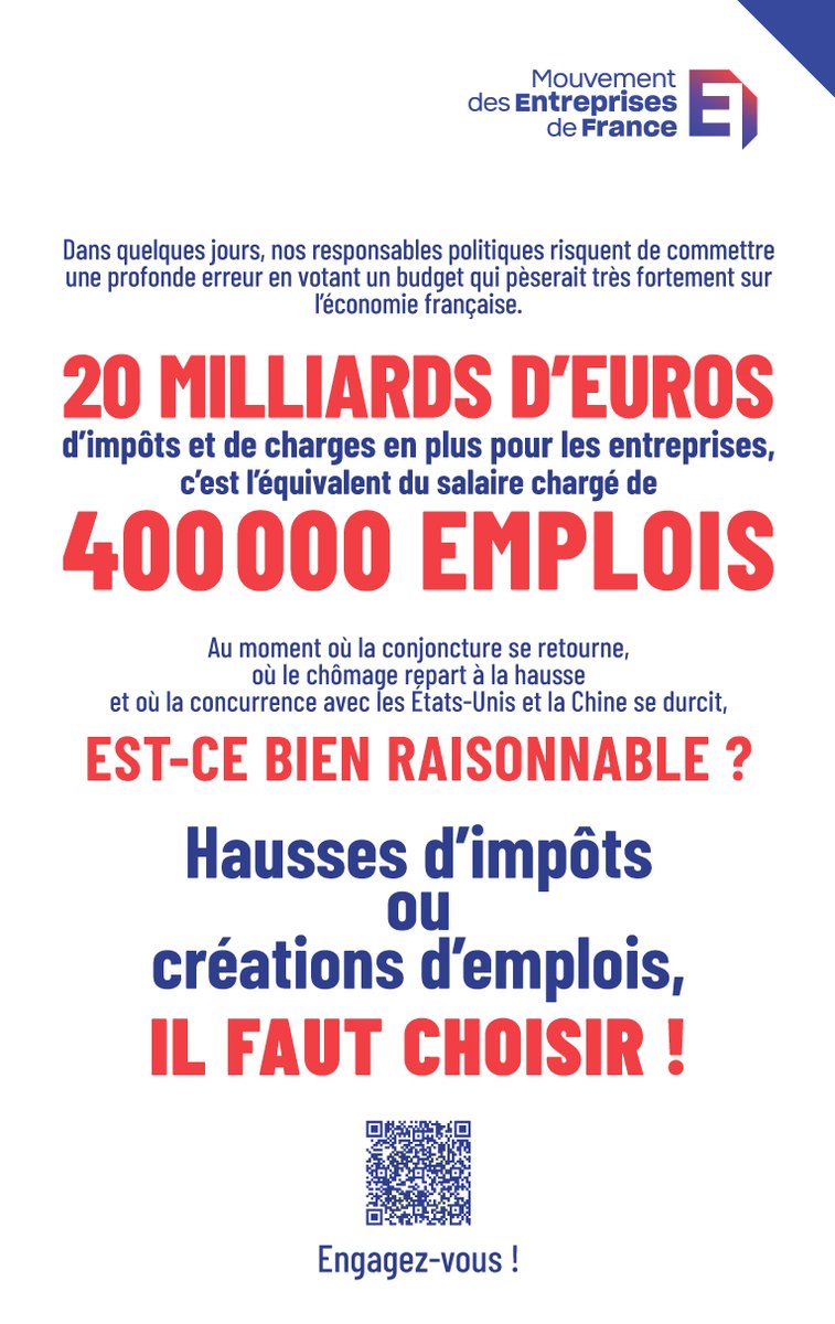 La France doit rester un pays où les #entreprises créent de l’emploi et contribuent à la vitalité économique. Il n’est pas trop tard pour protéger l’emploi et les entreprises : le Parlement peut encore agir pour éviter un choc économique et social.  
medef.com/fr/actualites/…