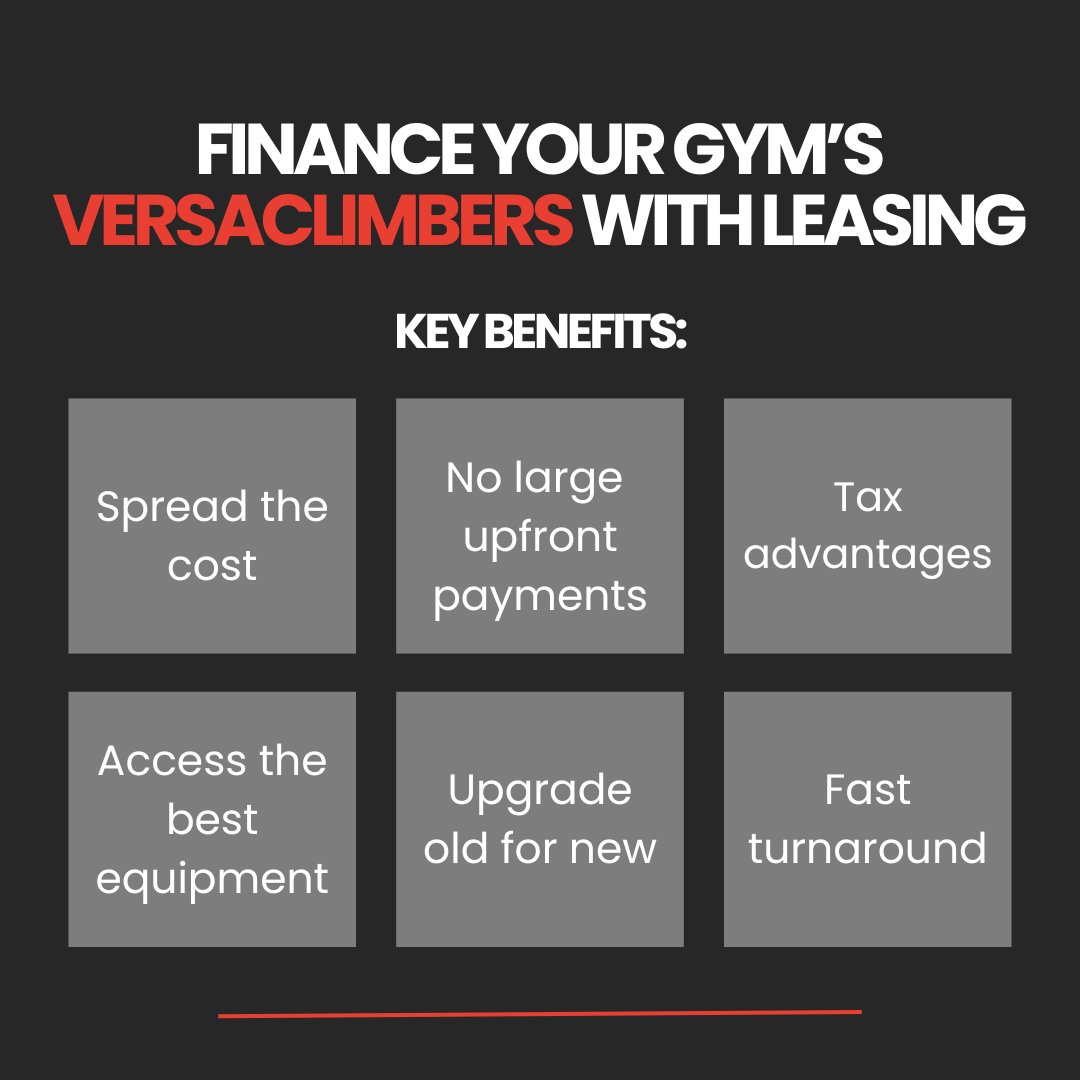 Finance your gym’s Versaclimbers with leasing. 💸

If you are a gym or fitness club owner, leasing is an effective way to finance all the equipment you need.

Find out more.
versaclimber.co.uk/finance/busine… 

#Versaclimber #GymOwner #Gym