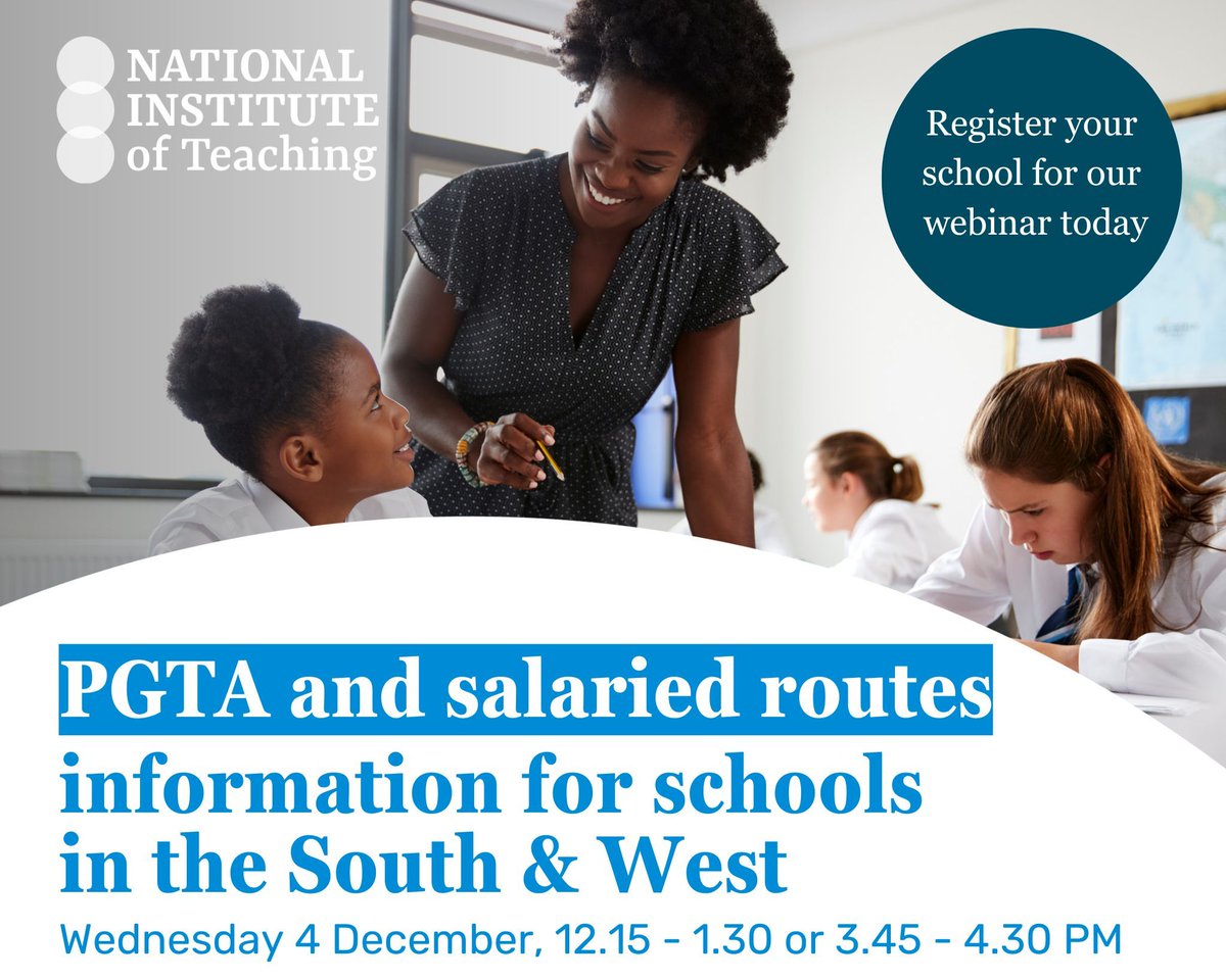 💻 Join our free webinars for schools 💻  
Learn more about how your school can benefit from the PGTA and salaried routes into teaching, in the South &amp; West. 
📅 4 December 2024 
🕓 12.15 - 1.30 pm or 3.45 - 4.30pm
👉 Don't miss out - sign up to secure your place:
