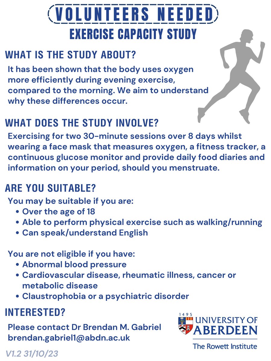 Rowett Institute (@rowett_abdn) on Twitter photo Did you know that your body uses oxygen more efficiently when you exercise in the evening than the morning? Weird eh?
We want to find out why - and we need your help. Can you volunteer for this short study? More details in the poster or contact brendan.gabriel1@abdn.ac.uk Did you know that your body uses oxygen more efficiently when you exercise in the evening than the morning? Weird eh?
We want to find out why - and we need your help. Can you volunteer for this short study? More details in the poster or contact brendan.gabriel1@abdn.ac.uk
