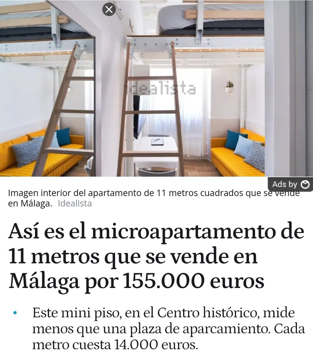 🦅Postales de la #MálagaSelva.

Piso de 11m2 (10 útiles, ojo) por 155.000€. 

¡Qué noticia curiosa, no?!
Propuestas de anglicismos para agregarle y que quede más guay:
Infra-housing, shit-housing, matchboxing, sleep standing up, sleep&amp;shit...

🤬🤬🤬

elespanol.com/malaga/malaga-…