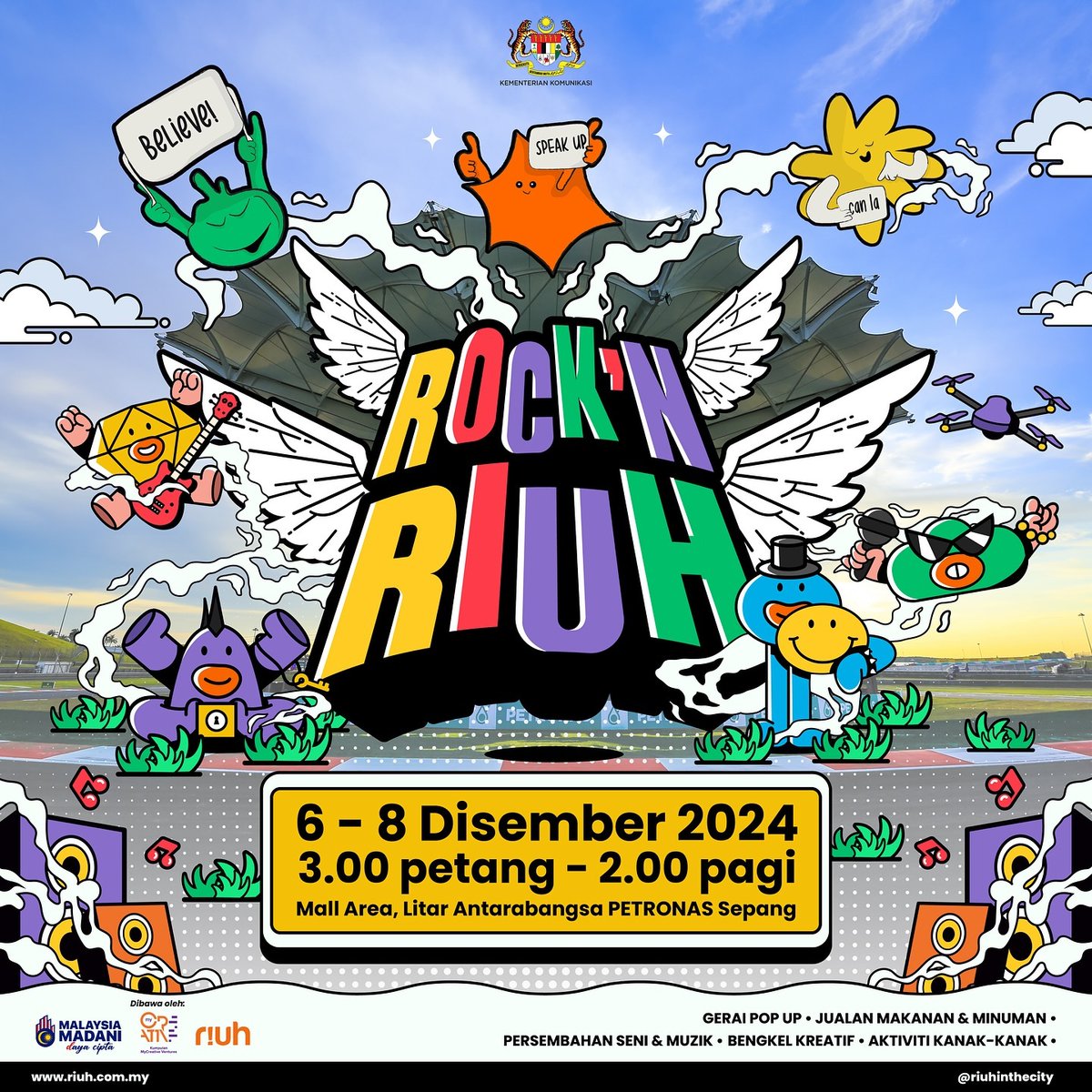 ROCK'N RIUH 2024

🗓️ 6-8 December 2024
📍 Mall Area, Litar Antarabangsa Petronas Sepang

Masdo, Exist, K-Town Clan, After Mdnight, Balan Kash, Murty, Pesawat, Nastia, Shelhiel, Zuhal, Pop Shuvit, Midnight Fusic, Abu Bakar Ellah, Magis, Clinton Jerome, emptypage, Gerhana Ska Cinta