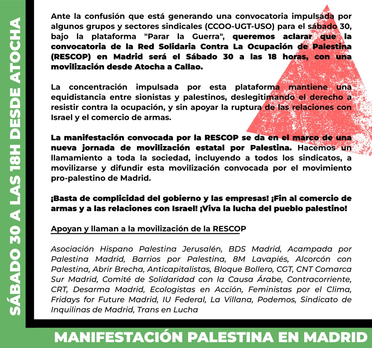 Sobre las "dos" manifestaciones por Palestina de este sábado en Madrid. 

Nosotras lo tenemos bien claro: con el movimiento propalestino, con el pueblo que resiste; por la ruptura de relaciones y el fin del comercio de armas.

📍Atocha, 18.00.
