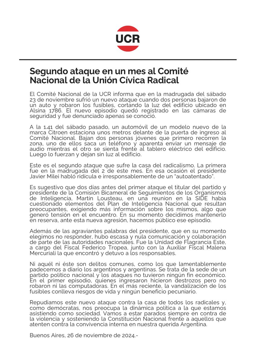 #Comunicado | Segundo ataque en un mes al Comité Nacional de la Unión Cívica Radical.