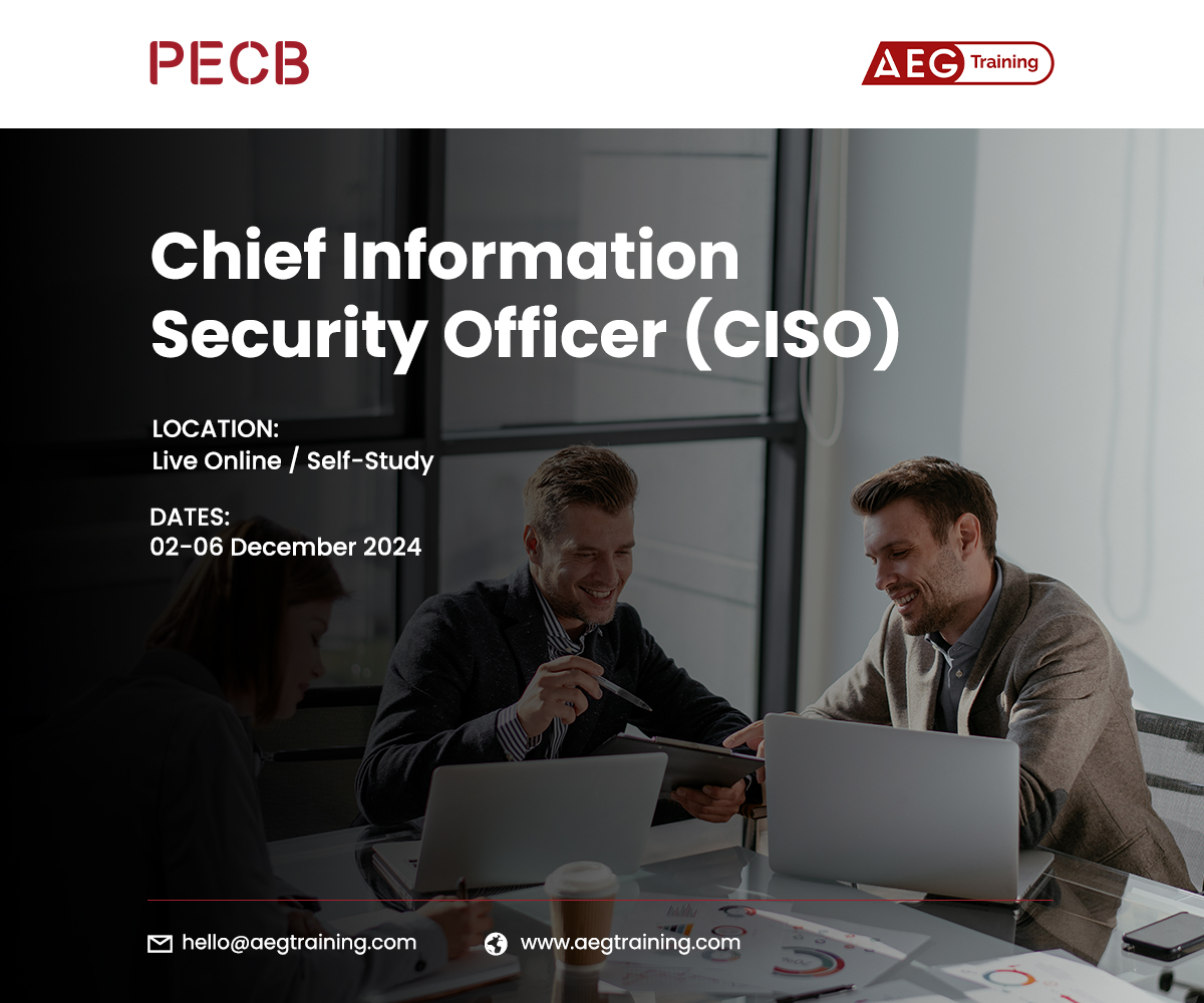 PECB (@pecb) on Twitter photo Join our partner AEG Training on their upcoming Chief Information Security Officer (CISO) training course.
For additional information please contact hello@aegtraining.com Join our partner AEG Training on their upcoming Chief Information Security Officer (CISO) training course.
For additional information please contact hello@aegtraining.com