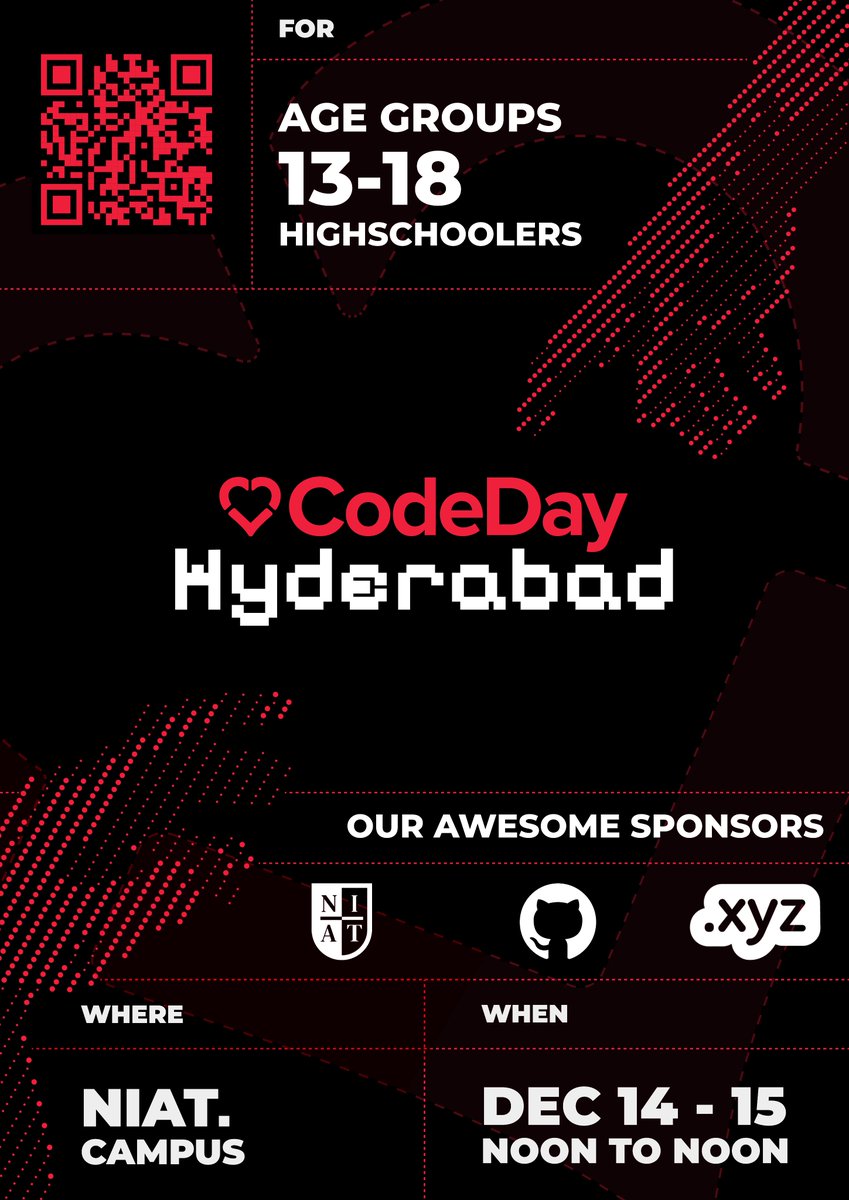 🚨 CodeDay Hyderabad is just around the corner! 🚨 

Join us on December 14th &amp; 15th at NxtWave Institute for 24 hours of epic innovations, games, art, and all the food you can munch on 🍕

register at cdhyd.xyz with access code "SOCIALS25"