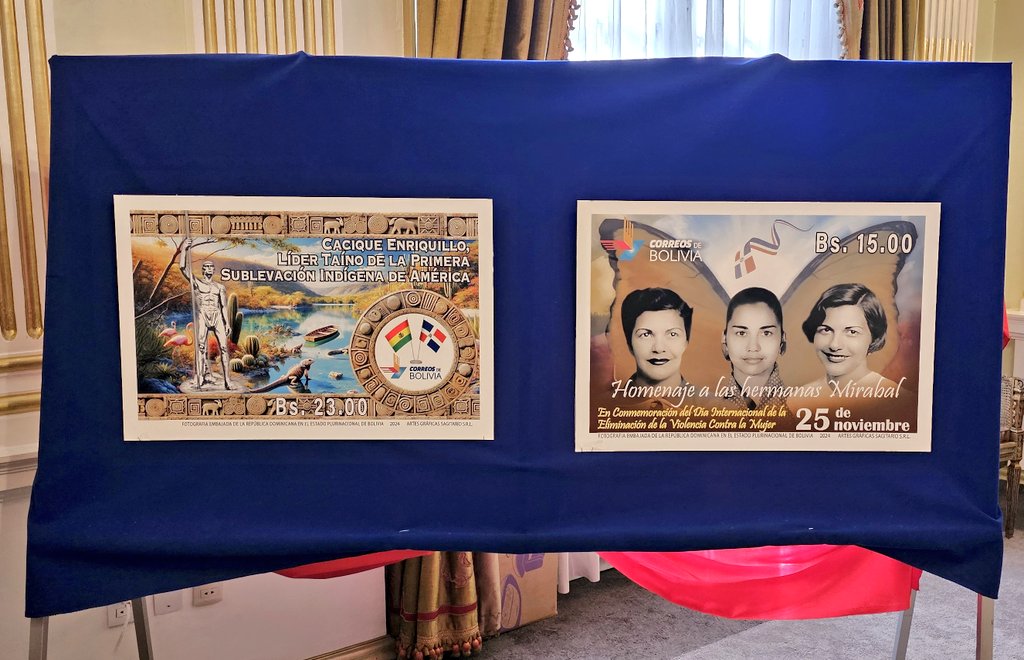 ClaudioMarte's tweet photo. La embajada de República Dominicana, en coordinación con la Agencia Boliviana de Correos puso en circulación las series filatélicas Las Hermanas Mirabal y Cacique Enriquillo, líder taíno de la primera sublevación de América.
#Abinader https://t.co/rMvRC21SRm