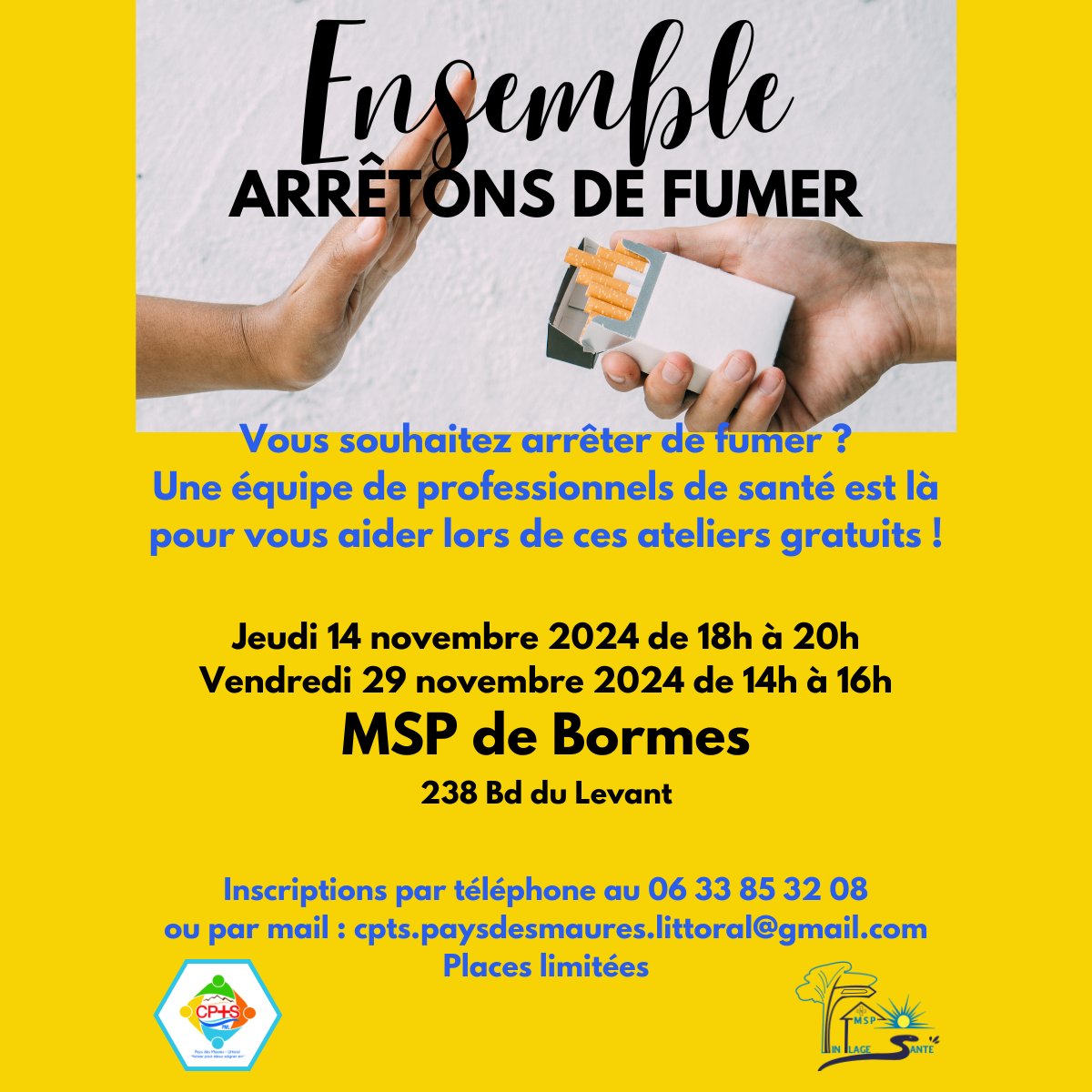 CptsPml's tweet photo. [hygiène de vie]
Il reste une date pour vous inscrire à un atelier à la Maison de santé de Bormes pour vous aider à arrêter le tabac : le 29 novembre !
Prenez soin de vous !

#Arretdutabac #Sevrage #Promotionde sante # Tabac #CPTS https://t.co/6rM3WdPl8q