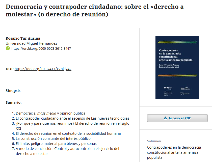La Dra. Rosario Tur Ausina <a href="/TurCharo/">Rosario Tur Ausina</a>, Catedrática de Derecho Constitucional en <a href="/UniversidadMH/">UMH</a>, ha contribuido con el capítulo "Democracia y contrapoder ciudadano: sobre el «derecho a molestar» (...)" a la última obra colectiva de <a href="/GEDECOUB/">GEDECO - EUCODEM</a>. 
Disponible en: marcialpons-openaccess.es/index.php/juri…