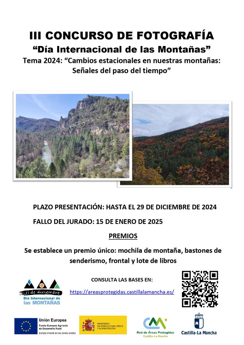 ¿Te gusta la fotografía de naturaleza? 📷
Pues participa en el III Concurso de Fotografía "Día Internacional de las Montañas" 2024 🏞️🏔️
Consulta las bases y apúntate aquí 👇
areasprotegidas.castillalamancha.es/actualidad/iii…