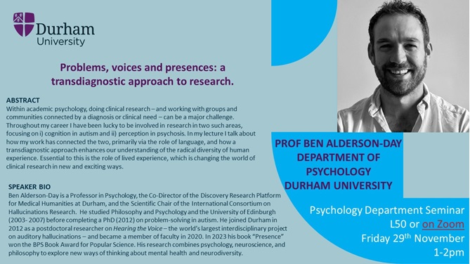 This week Professor Ben Alderson-Day will deliver his inaugural lecture ‘Problems, voices and presences: a transdiagnostic approach to research’ join us for this hybrid event, Friday 29th November 1-2pm.
#DUResearch #Psychology #PsychResearch #DurhamPsychology