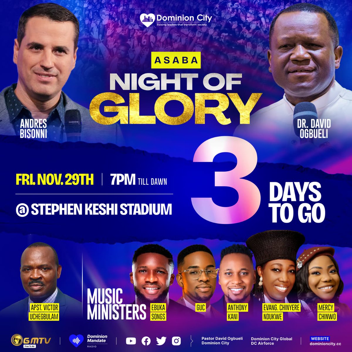 pstdavidogbueli's tweet photo. Just 3days to Asaba Night of Glory &amp; Fire Conference 2024

We proclaim JESUS IS LORD over Asaba &amp; the entire Niger- Delta region. 

Pray, inform everyone &amp; dont miss it
#dominioncity #asabaevents #nightofglory https://t.co/nP16NQxfh3
