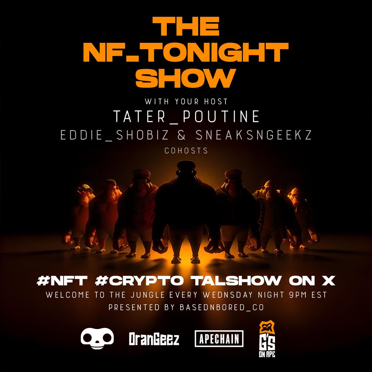 #NF_TONIGHT SHOW X <a href="/PlushApes/">PlushApes 🐒</a>
11/27/24 7pm mst 9pm Est
JOIN us Live Or get the Recording after the presentation.
Much #Alpha will be provided
We have some #Softlist spots for the
#Orangeez, and our Audience In Attendance 5 total. 
Pinned for Reminder
x.com/PlushApes/stat…