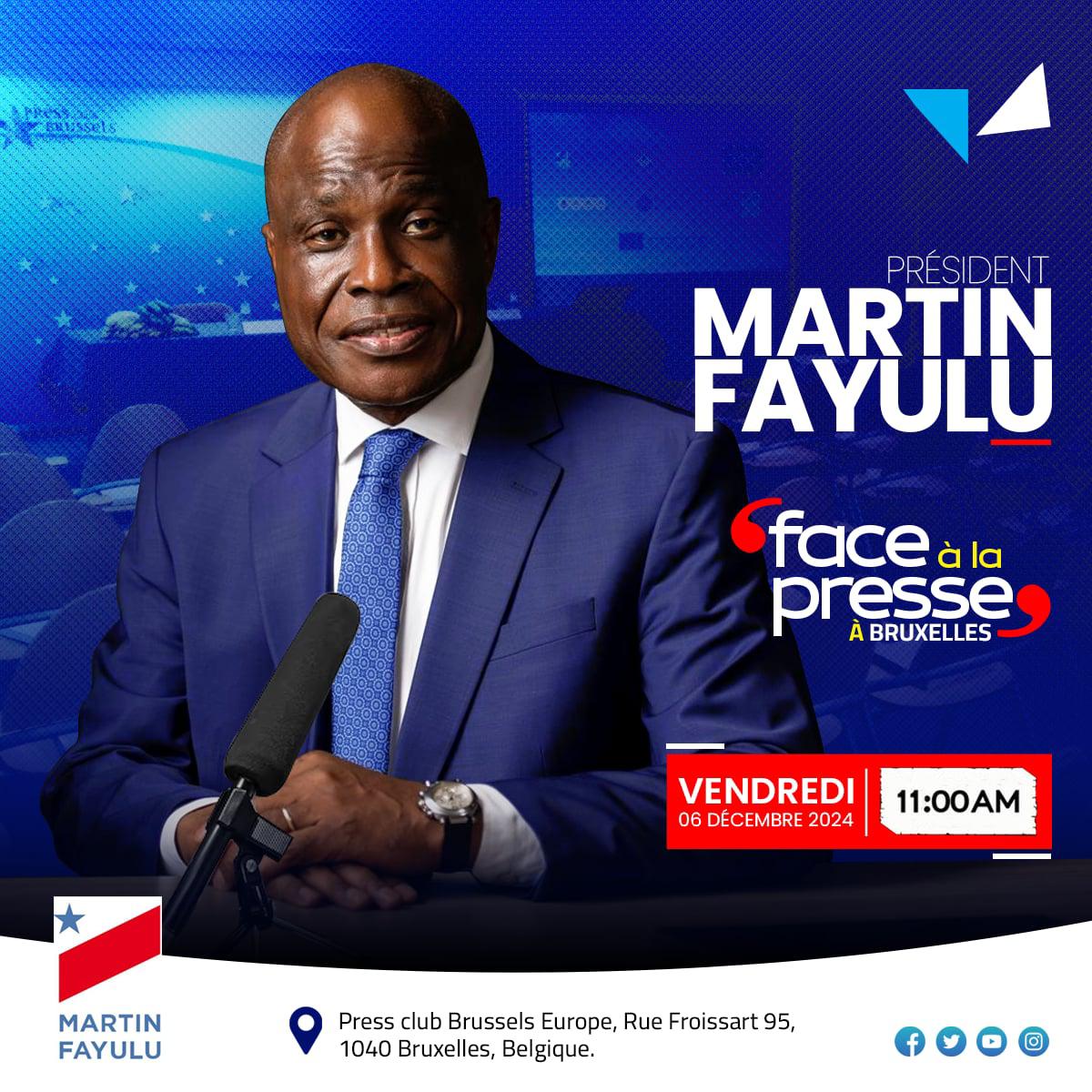 #RDC Communiqué ❕
Le Président Martin <a href="/MartinFayulu/">Martin Fayulu</a> tiendra une conférence de presse ce vendredi 6 décembre à 11 heures, au Club Press Brussels, situé à Bruxelles. 
À cette occasion, l’ensemble de la presse, tant congolaise qu’internationale, est cordialement invité à