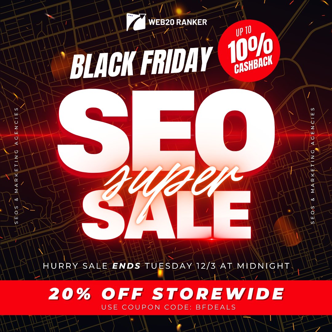 Web20Ranker's tweet photo. Our Black Friday Super SEO Sale has officially begun! 

Enjoy 20% OFF sitewide with code BFdeals and earn up to 10% cashback in store credit. Plus, every purchase gets you closer to winning our Grand Prize: $10,000 in store credit and a $2,500 gift card. 

Link in comments. https://t.co/22Kb5TbSAJ