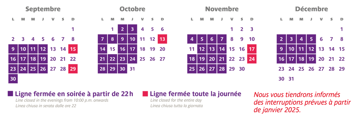 [#travaux #ligne14] En raison de travaux de modernisation, le trafic sera interrompu sur votre ligne jusqu'au 19 décembre 2024, tous les lundis, mardis, mercredis et jeudis soir, à partir de 22h.
⚠️ D'autres fermetures sont prévues en 2025.
#RATP
⬇️