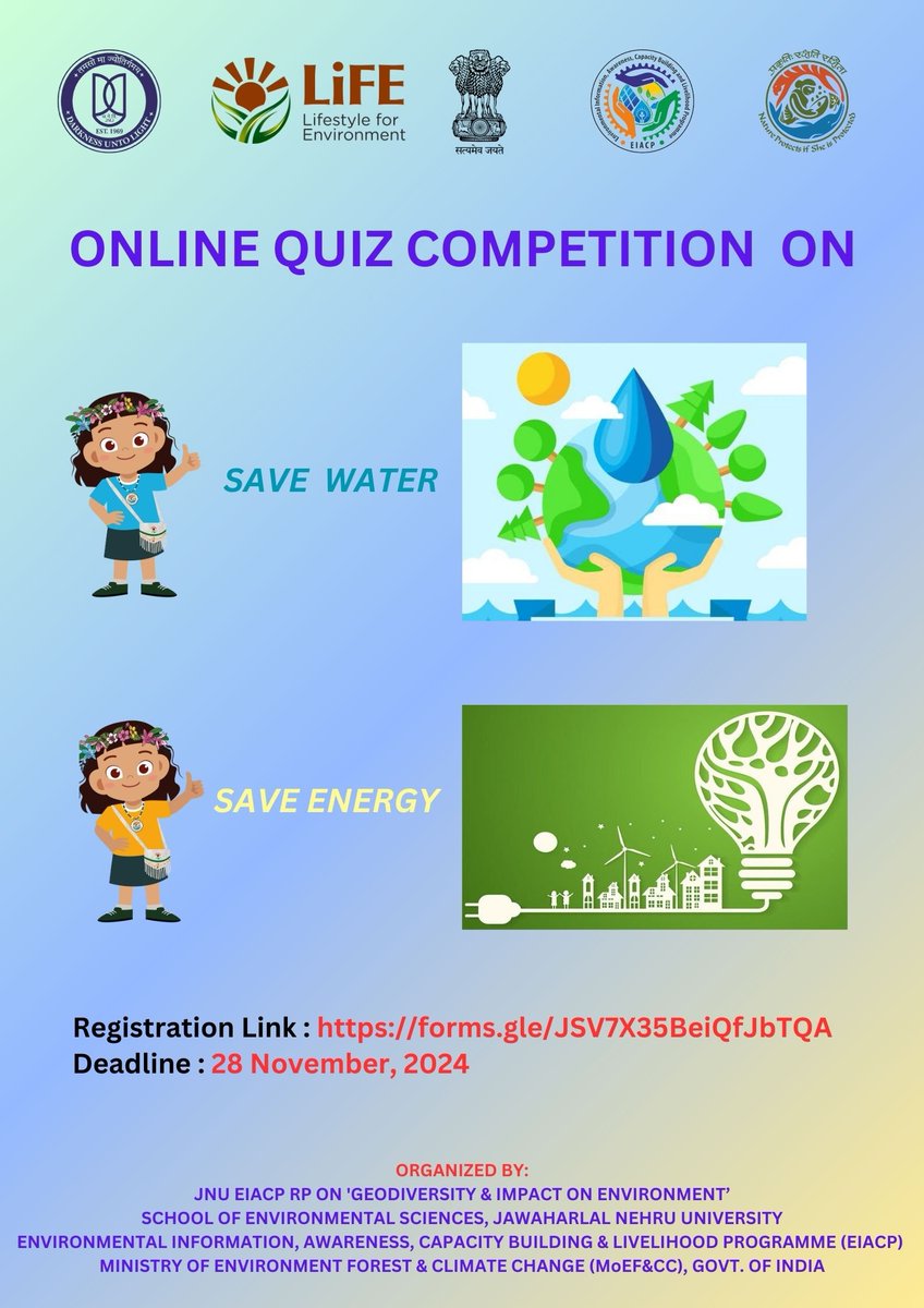 JNU_EIACP's tweet photo. Participate in Online Quiz Competition on 'Save Water & Save Energy'
Register yourself first to participate :
https://t.co/na66D0Yi96
Deadline: 28th November, 2024
#savewater #saveenergy #waterforlife #missionlife #adopthealthylifestyle #environmentforliFE https://t.co/xHuqX6xa4y